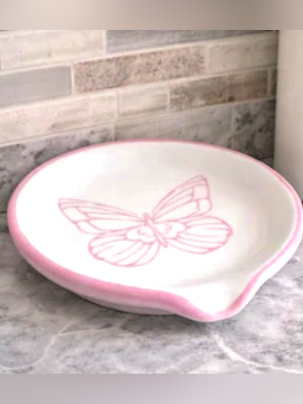 Dolly Parton Pink & White Spoon Rest or Jewelry Dish with a Pink Butterfly, NWT